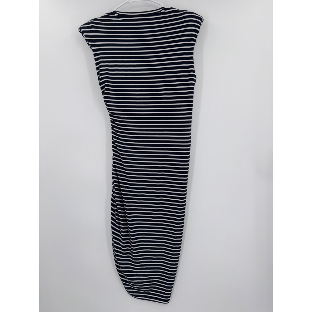 Veronica Beard Jeans Navy White Striped Ruched Padded Shoulder Midi Dress S - Picture 11 of 13